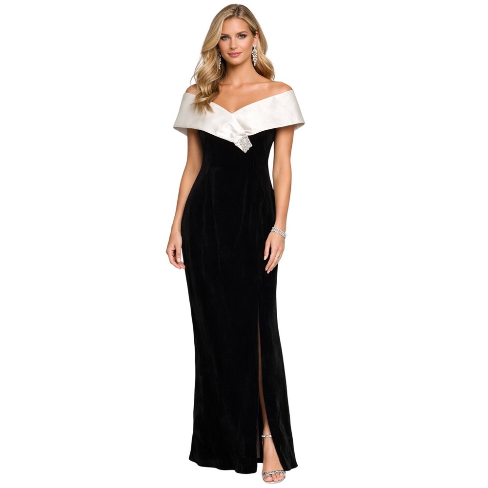 Vintage Michael Marcella Black Velvet Gown Off Shoulder Ivory Satin‎ 10 Made USA